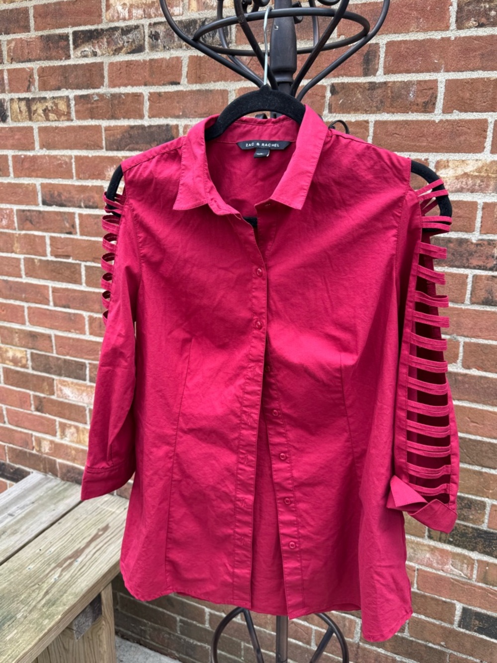 Zac & Rachel Red Button Down Blouse Cutout Sleeve Stretch Shirt Size S